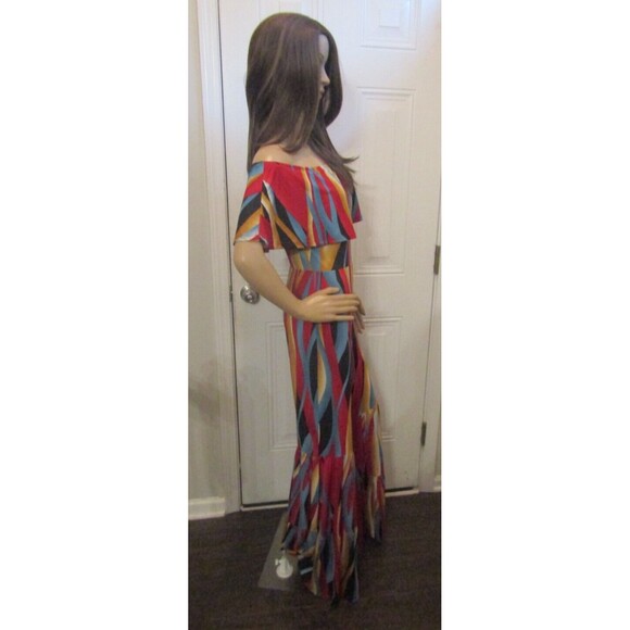 Win Win Jumpsuit Off Shoulder Ruffled Retro Striped Bell Bottom Pants NWOT Sz M - Picture 5 of 8